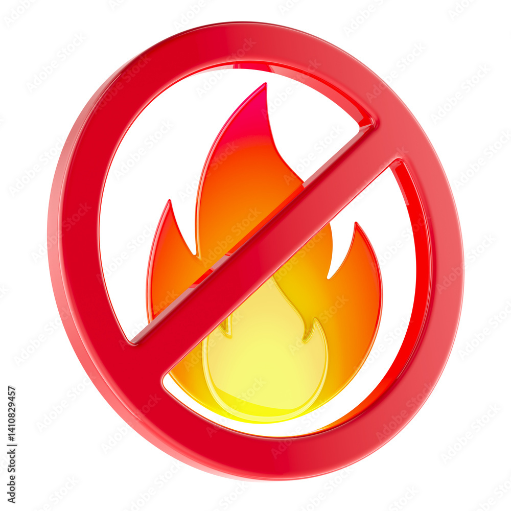 Fire Flame icon with Forbidden sign, prohibition symbol. No open flame sign, 3D rendering isolated on transparent background