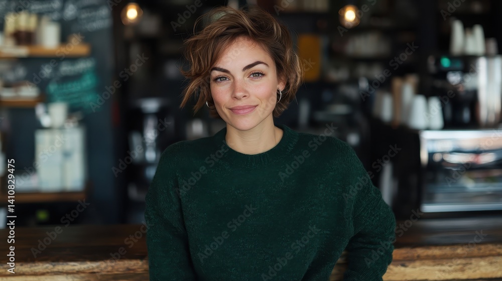 A smiling woman radiates warmth in a trendy café setting, showcasing a cheerful atmosphere filled with modern decorations and inviting spaces that inspire connections. A smiling woman radiates warmth in a trendy café setting, showcasing a cheerful atmosphere filled with modern decorations and inviting spaces that inspire connections.