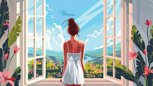 Captivating Image of a Cute Girl Standing Back by an Open Window with a Beautiful Landscape