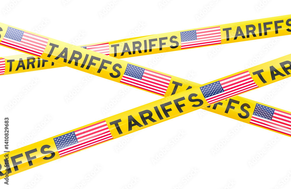 The USA Tariff Tapes. US Government Trade War Policy on Imports and Exports. 3D rendering isolated on transparent background