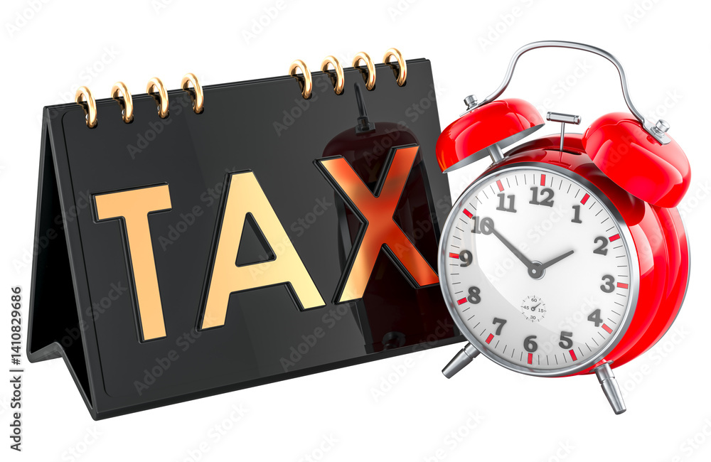 Tax concept with alarm clock. 3D rendering isolated on transparent background
