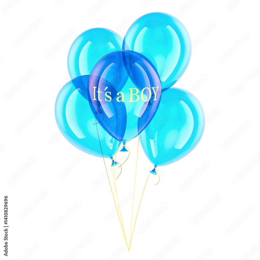 It is a boy. Gender reveal party or baby shower. Blue party balloons. 3D rendering isolated on transparent background