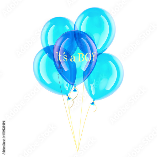 It is a boy. Gender reveal party or baby shower. Blue party balloons. 3D rendering isolated on transparent background