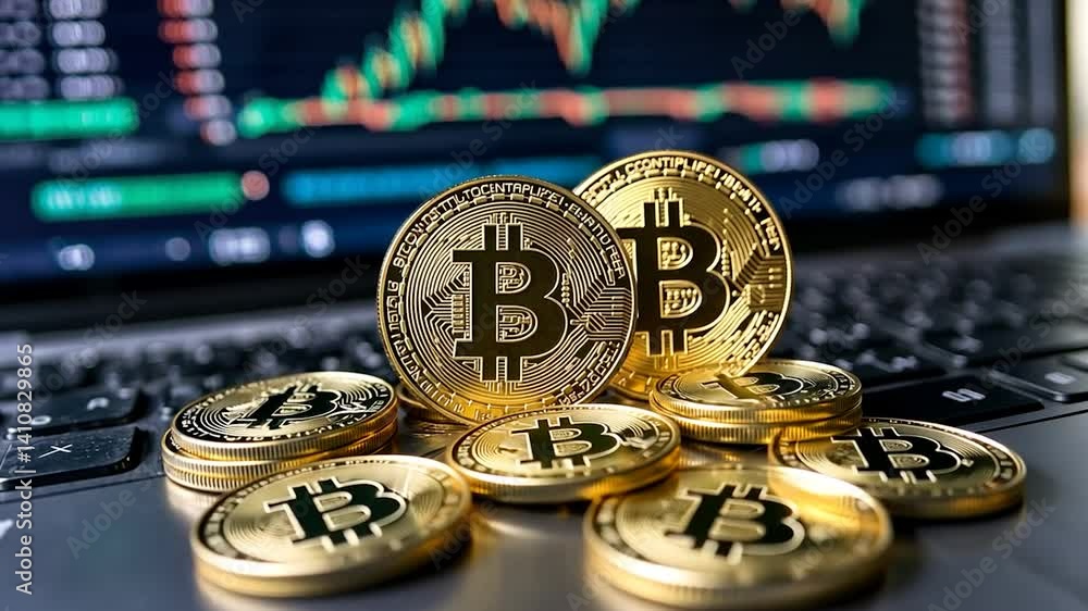 Bitcoin coins on laptop keyboard with stock market chart background Bitcoin coins on laptop keyboard with stock market chart background