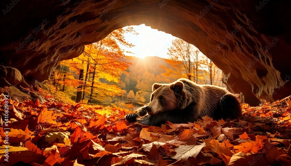 Fototapeta premium A sleepy brown bear nestled in a cave filled with autumn leaves, the soft glow of a setting sun casting warm light at the cave's entrance.