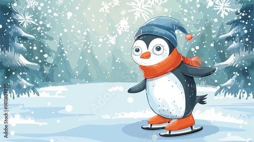Cute Penguin Ice Skating Cartoon Vector - Winter Animal Illustration