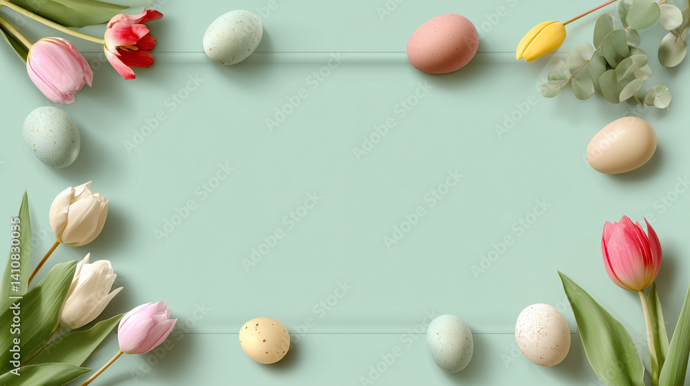 A fresh pastel mint green background featuring colorful Easter eggs and spring tulips neatly placed along the sides. The composition offers a clean center for inserting text or images, perfect for sea A fresh pastel mint green background featuring colorful Easter eggs and spring tulips neatly placed along the sides. The composition offers a clean center for inserting text or images, perfect for sea