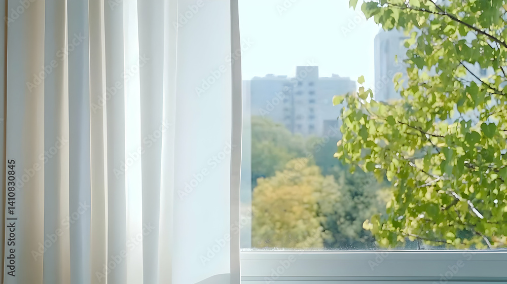 Obraz premium City View Through White Sheer Curtains