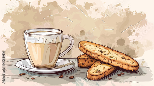 Delicious Biscotti Cookies with Glass of Coffee and Cup - Tasty Snack and Beverage Concept