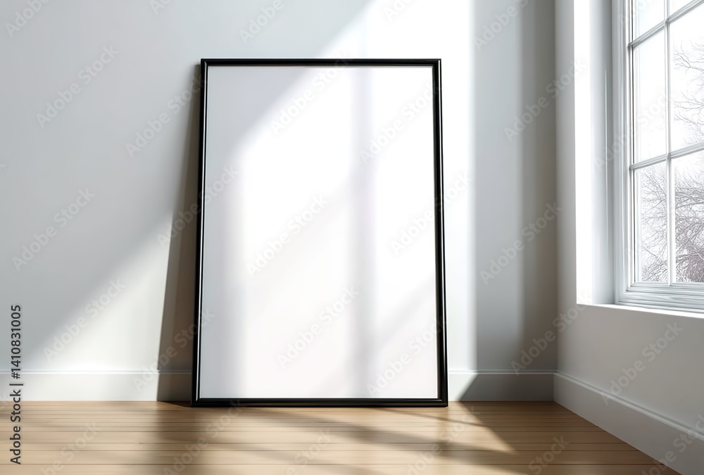 A blank black-framed canvas leans against a sunlit wall with wooden flooring. Used in interior design magazines, art studio visuals, or mindfulness content. A blank black-framed canvas leans against a sunlit wall with wooden flooring. Used in interior design magazines, art studio visuals, or mindfulness content.