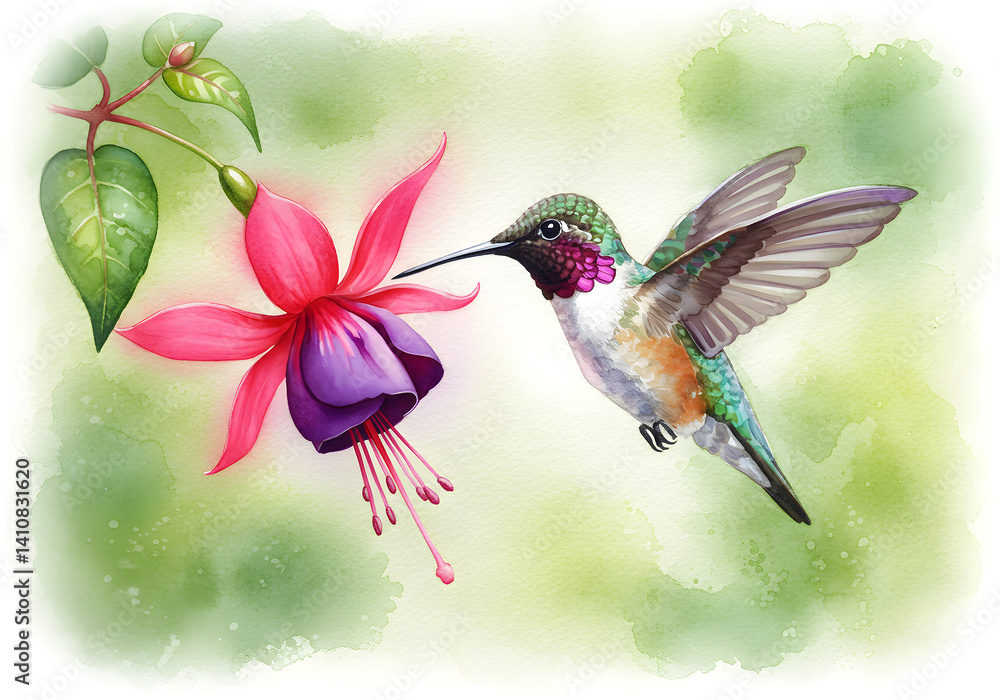 Naklejka premium Watercolor Hummingbird Feeding on Fuchsia Flower - Vibrant Nature Illustration.