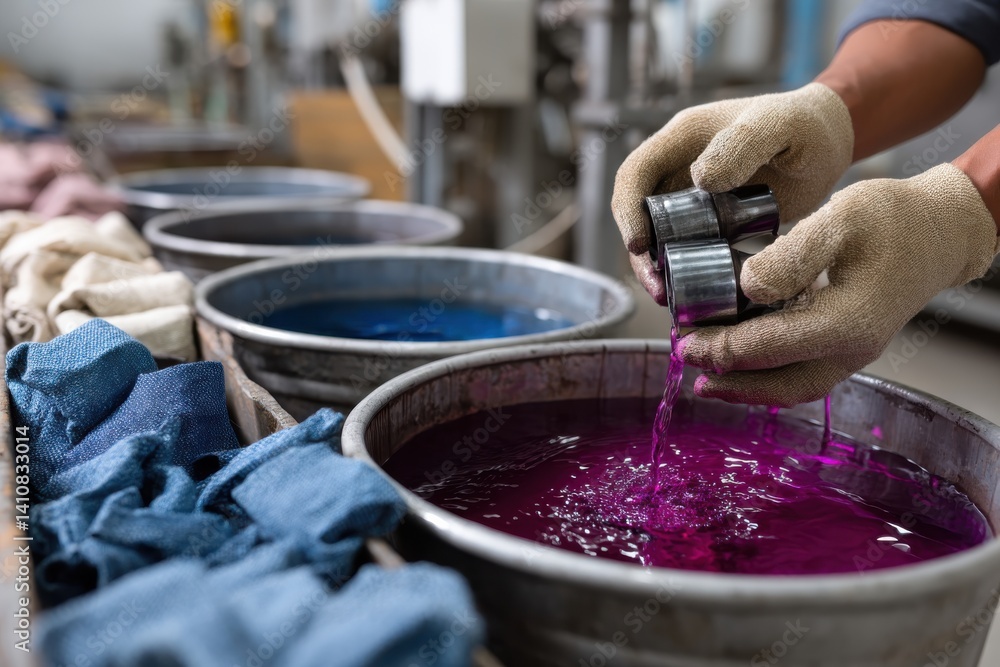 Fototapeta premium An artisan pours a striking purple dye into a container, preparing for the dyeing process, showcasing the vibrant world of textile arts and the beauty of color and creativity.