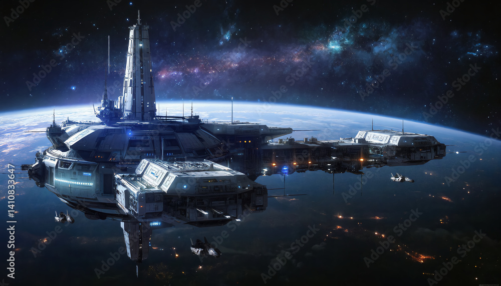 custom made wallpaper toronto digitalA massive futuristic space station hovers in orbit above a glowing Earth, surrounded by stars and galaxies under the deep darkness of outer space.