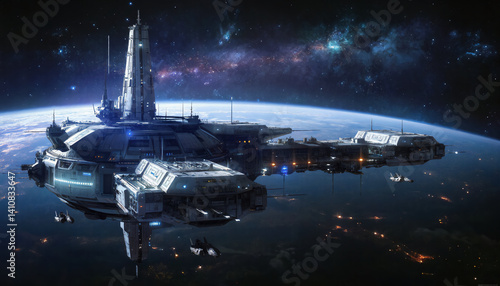 Wallpaper Mural A massive futuristic space station hovers in orbit above a glowing Earth, surrounded by stars and galaxies under the deep darkness of outer space. Torontodigital.ca