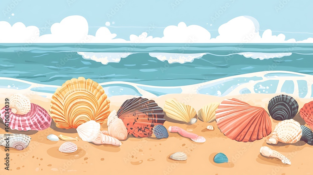 A beautiful collection of shellfish on the beach, perfect for a summer vacation banner or beach-themed design.