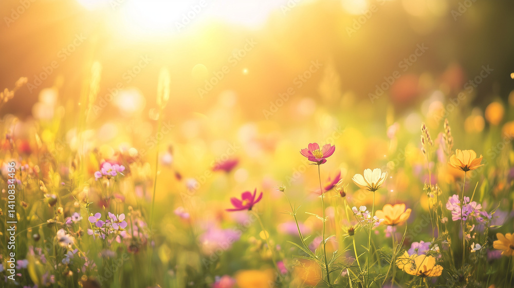 Fototapeta premium A Vibrant Flower Meadow in Full Bloom Bathed in Soft Golden Sunlight Evoking Serenity and Renewal (2)