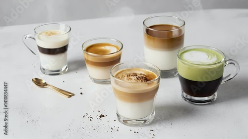 A variety of layered beverages, showcasing coffee and matcha drinks in elegant glasses.