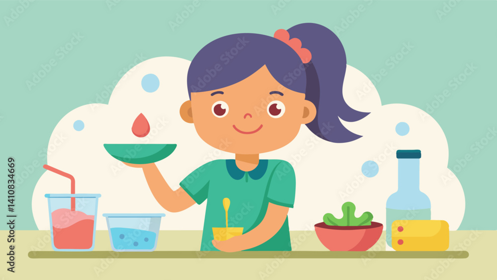 A girl carefully measuring and mixing ingredients to make homemade slime honing her math and science skills while having fun.. Vector illustration A girl carefully measuring and mixing ingredients to make homemade slime honing her math and science skills while having fun.. Vector illustration