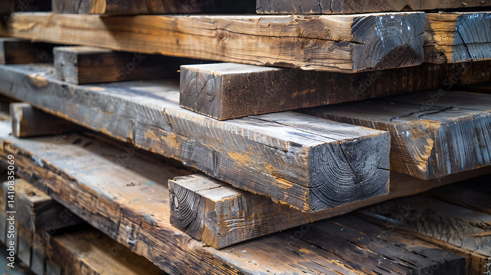 Close-up view of stacked, rough-sawn, weathered wooden beams or lumber. Focus on the rustic texture, grain, and aged character of the construction material.
Close-up view of stacked, rough-sawn, weathered wooden beams or lumber. Focus on the rustic texture, grain, and aged character of the construction material.
