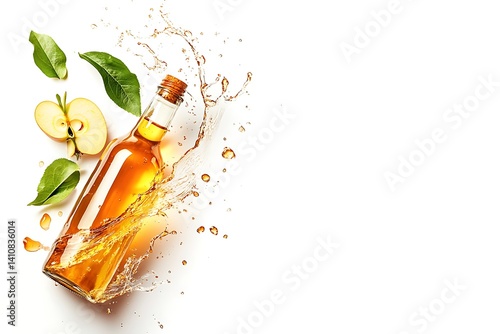 A bottle of apple cider vinegar, accompanied by a refreshing splash of apple juice, isolated on a white background, ideal for health and wellness themes