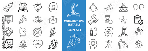 Motivation line editable icon set. Containing personal growth, goal setting, perseverance, achievement, teamwork, passion, thumbs up, and more. Vector illustration
