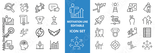 Motivation line editable icon set. Containing personal growth, goal setting, perseverance, achievement, teamwork, passion, thumbs up, and more. Vector illustration