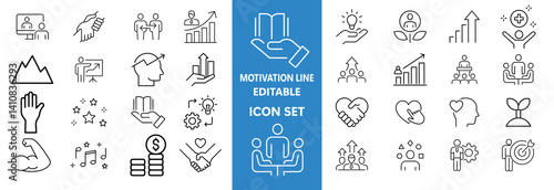 Motivation line editable icon set. Containing personal growth, goal setting, perseverance, achievement, teamwork, passion, thumbs up, and more. Vector illustration