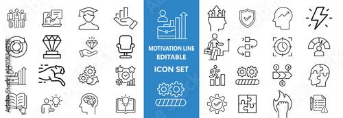 Motivation line editable icon set. Containing personal growth, goal setting, perseverance, achievement, teamwork, passion, thumbs up, and more. Vector illustration