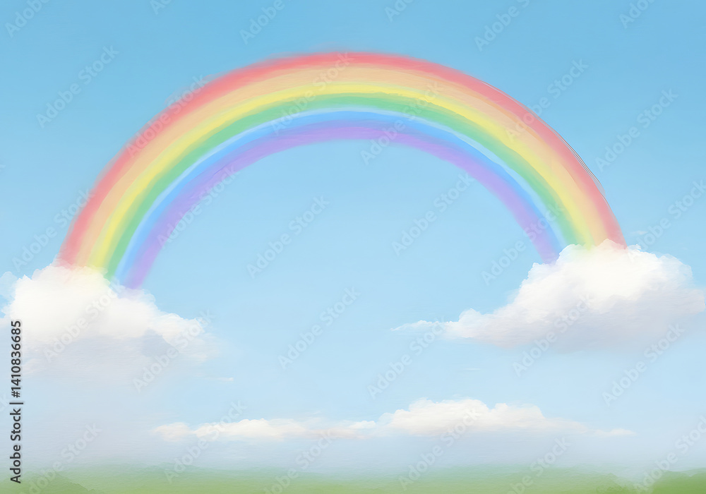 Naklejka premium Colorful Rainbow in Blue Sky with Fluffy Clouds and Green Field Illustration.