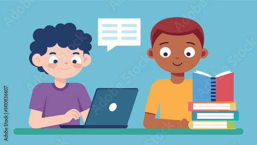 A boy intently reading a book on coding while his friend types away on a laptop eager to implement new skills.. Vector illustration