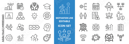 Motivation line editable icon set. Containing personal growth, goal setting, perseverance, achievement, teamwork, passion, thumbs up, and more. Vector illustration