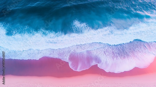 A breathtaking aerial view of a beach with soft pink, blue, and purple hues, where the waves kiss the shoreline, creating a calm, picturesque scene