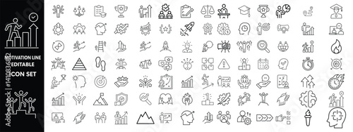 Motivation line editable icon set. Containing personal growth, goal setting, perseverance, achievement, teamwork, passion, thumbs up, and more. Vector illustration
