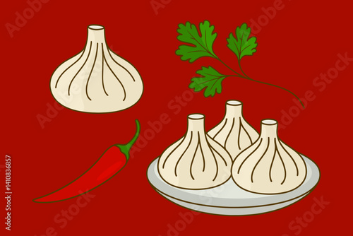 Khinkali dumplings isolated. Traditional Georgian food with cilantro and red chili pepper isolated. Cartoon style illustration isolated.