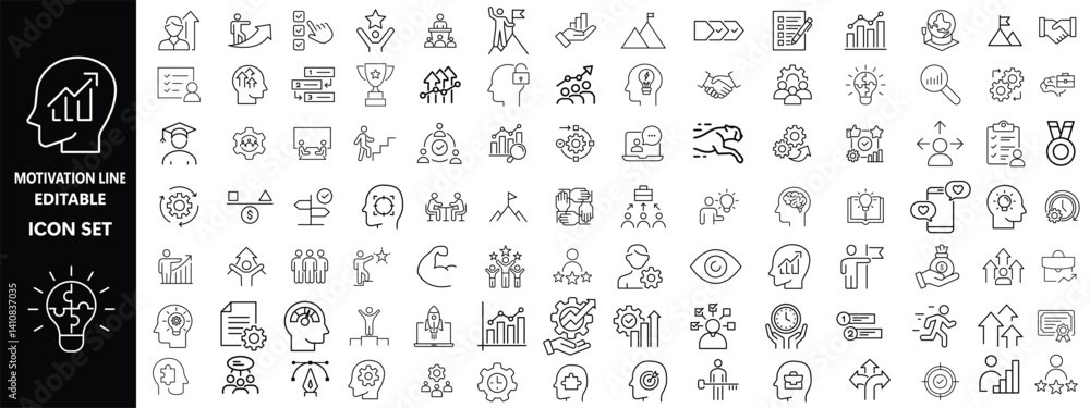 Motivation line editable icon set. Containing personal growth, goal setting, perseverance, achievement, teamwork, passion, thumbs up, and more. Vector illustration Motivation line editable icon set. Containing personal growth, goal setting, perseverance, achievement, teamwork, passion, thumbs up, and more. Vector illustration