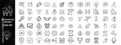Motivation line editable icon set. Containing personal growth, goal setting, perseverance, achievement, teamwork, passion, thumbs up, and more. Vector illustration