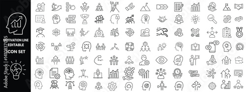 Motivation line editable icon set. Containing personal growth, goal setting, perseverance, achievement, teamwork, passion, thumbs up, and more. Vector illustration