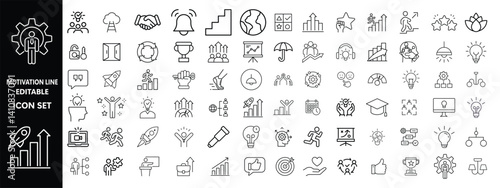Motivation line editable icon set. Containing personal growth, goal setting, perseverance, achievement, teamwork, passion, thumbs up, and more. Vector illustration