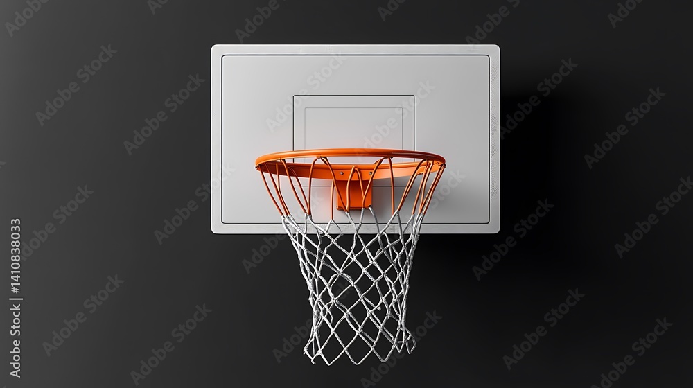 Basketball hoop and white backboard illuminated against dark background emphasizing sport equipment and design simplicity Basketball hoop and white backboard illuminated against dark background emphasizing sport equipment and design simplicity