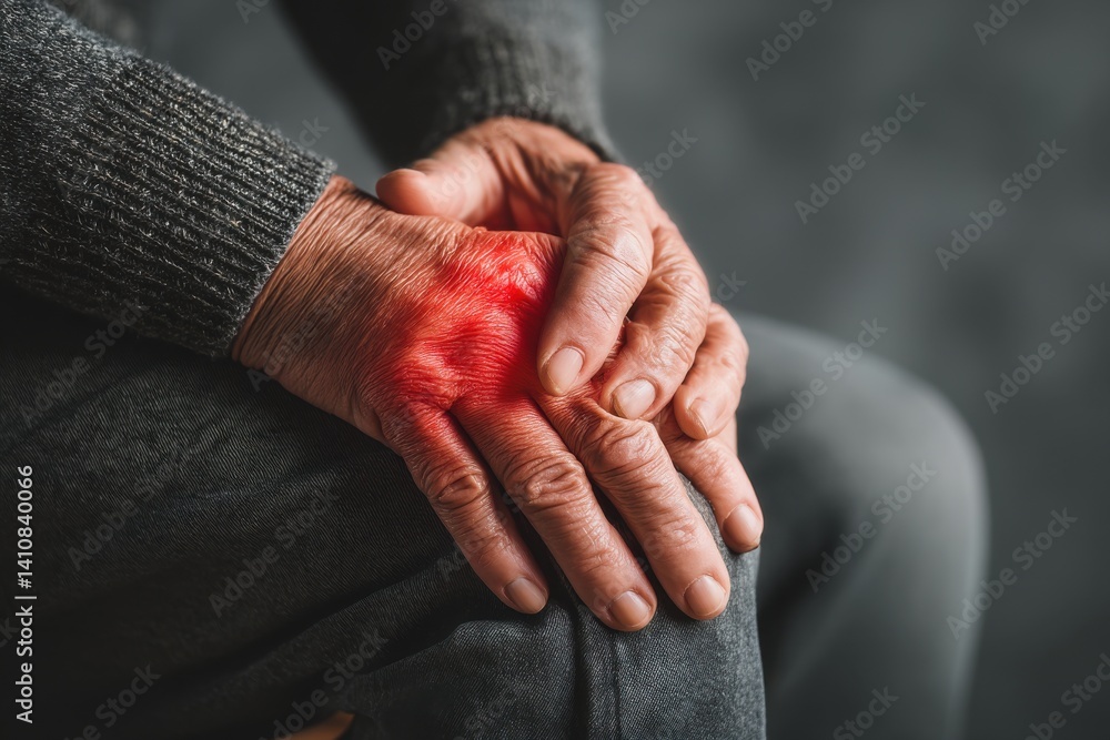 Fototapeta premium An elderly person suffering from hand pain and inflammation due to rheumatoid arthritis, resting their hands on their leg, and seeking relief.