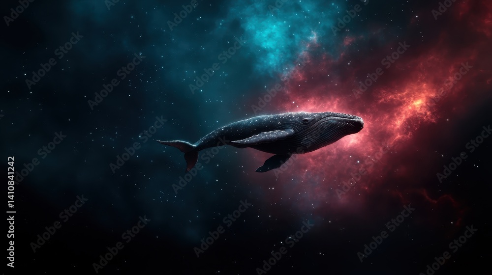 Fototapeta premium This extraordinary image shows a humpback whale gracefully swimming through a vibrant cosmic ocean, symbolizing the union of marine life and the vastness of the universe.