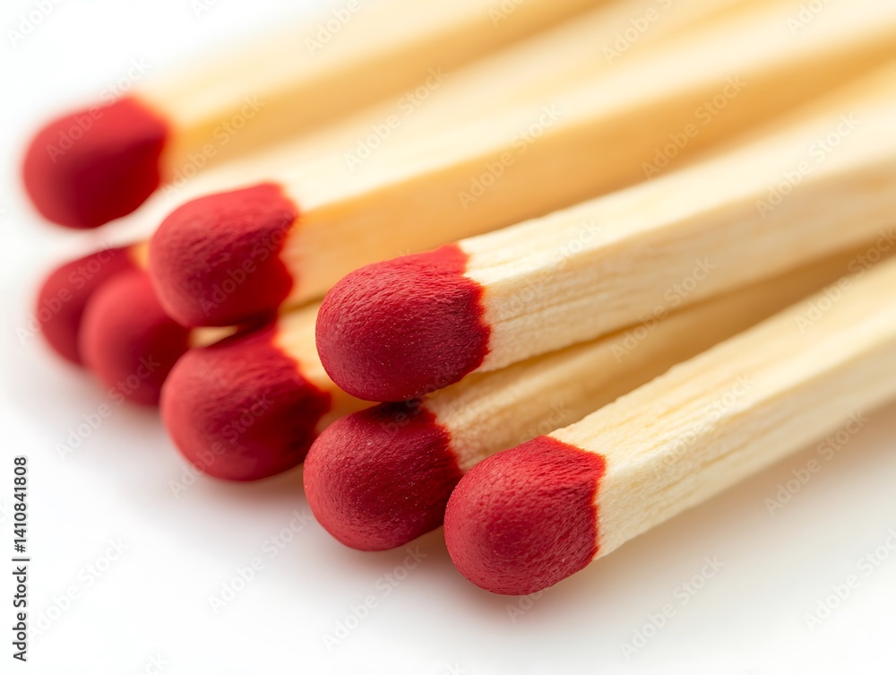 A close-up view of wooden matchsticks with red tips, arranged neatly on a white background A close-up view of wooden matchsticks with red tips, arranged neatly on a white background