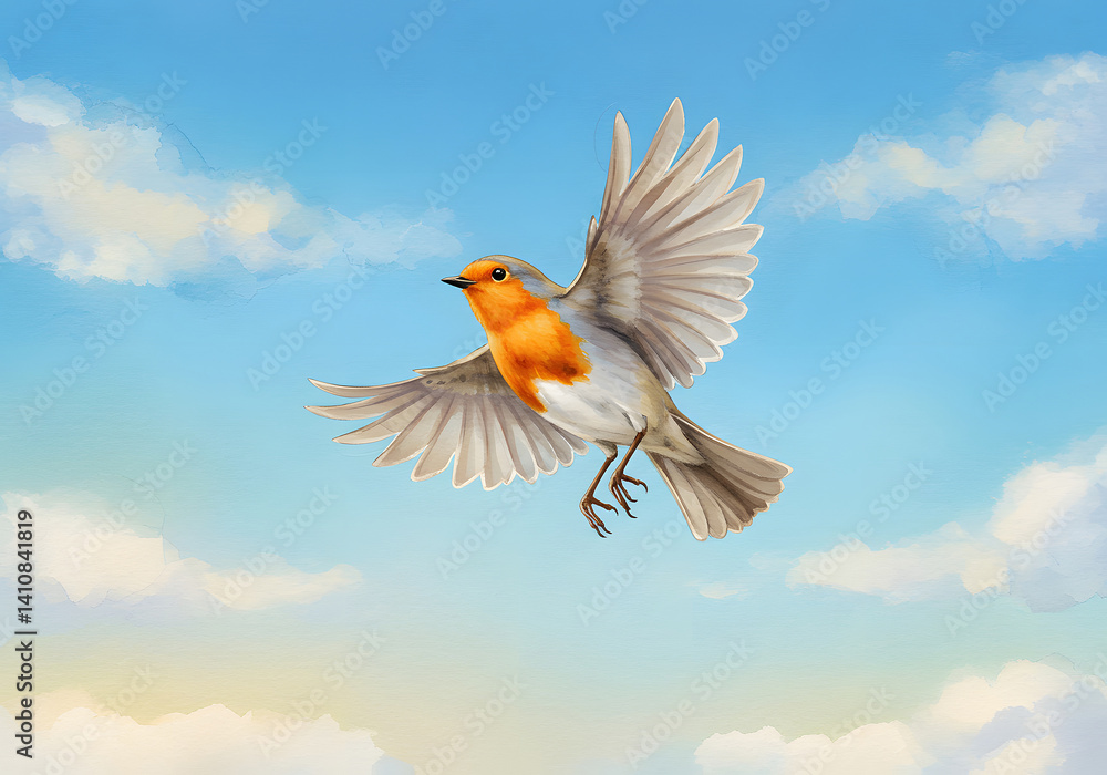 Obraz premium Beautiful Robin Bird Flying in a Blue Sky with Clouds Wildlife, Nature Illustration.