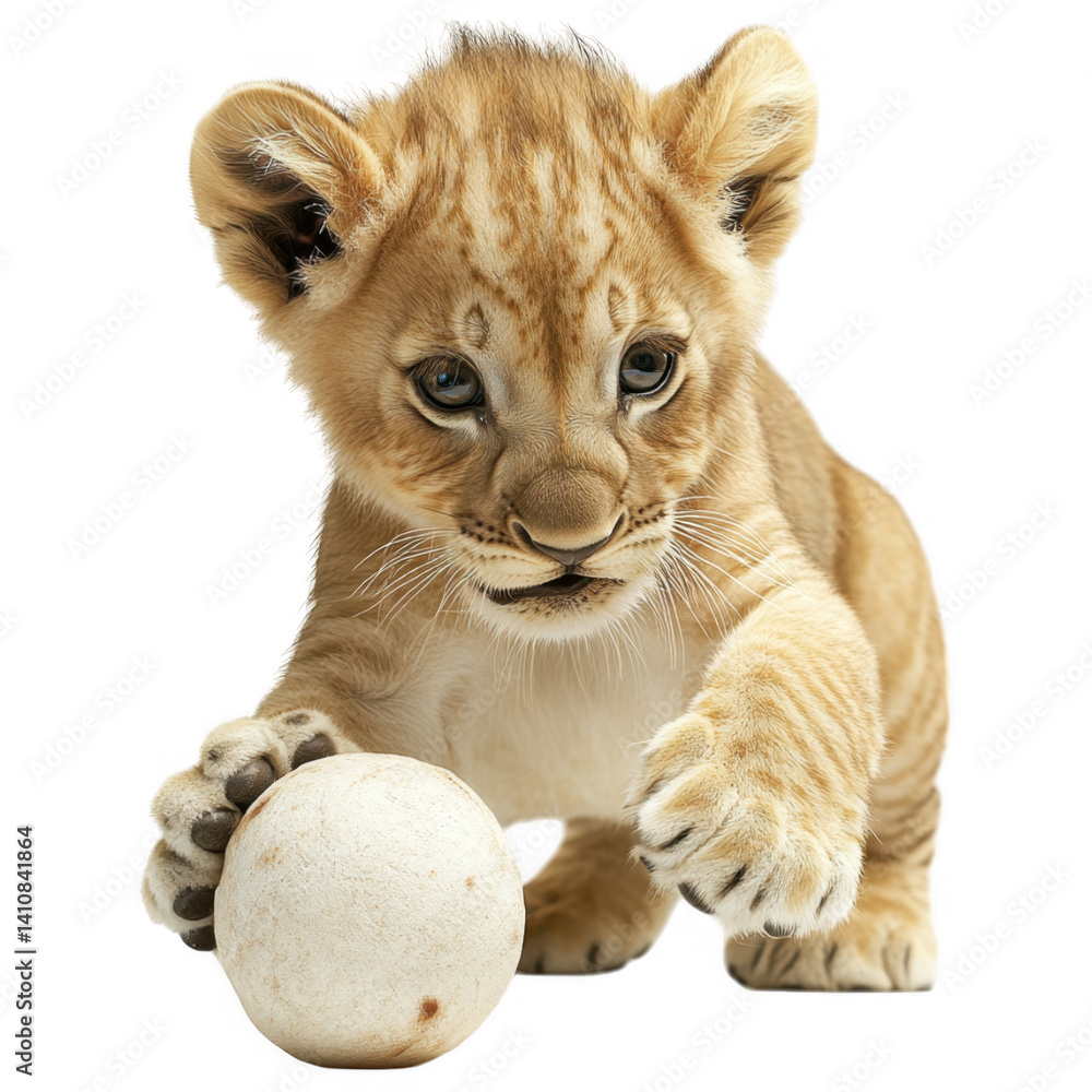 Obraz premium Playful Cub and Ball: A delightful scene unfolds as a young lion cub engages in a playful moment, its tiny paws reaching for a ball, showcasing the pure innocence and playful nature of the animal.