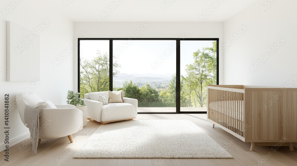 Obraz premium A serene nursery space featuring a crib and cozy armchair, surrounded by large windows offering picturesque views of nature, promoting a calming environment for parents.