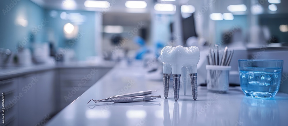 Dental implants and tools on a dentist's countertop. Dental implants and tools on a dentist's countertop.