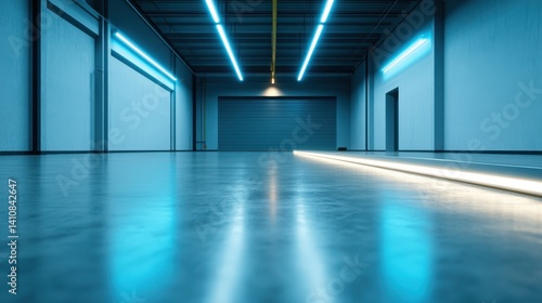 Wallpaper Mural A sleek, modern warehouse interior illuminated by striking blue neon lights, showcasing a minimalist design with polished concrete and an industrial aesthetic. Torontodigital.ca