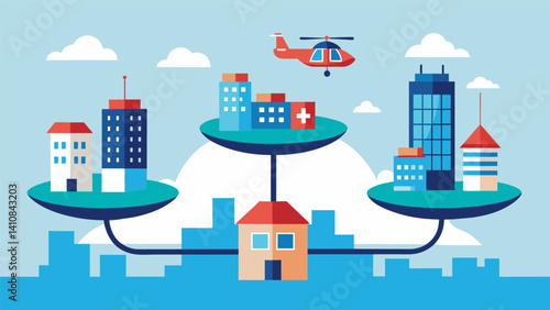 The landing pads served as a lifeline connecting different parts of the city and allowing its inhabitants to travel with ease.. Vector illustration