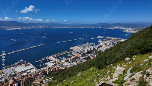 Gibraltar city and harbor viewed from the Rock of Gibraltar, UK