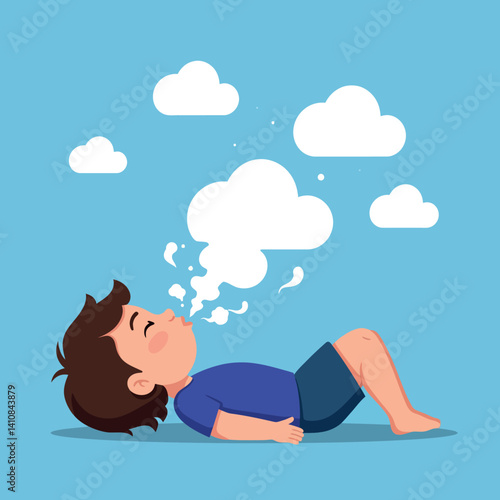 Young boy lying on grass in relaxed pose with playful clouds, minimal flat style, peaceful blue sky vector illustration